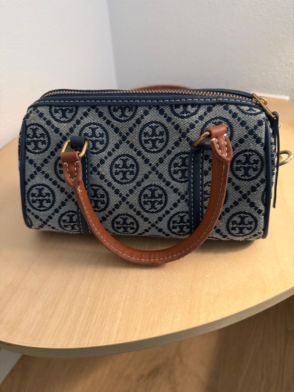 Tory Burch Navy Logo Jacquard Mini Satchel with Tan Handles